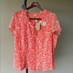 NWT Coldwater Creek Swiss Dot Floral Print Top - Coral/White - size 1X